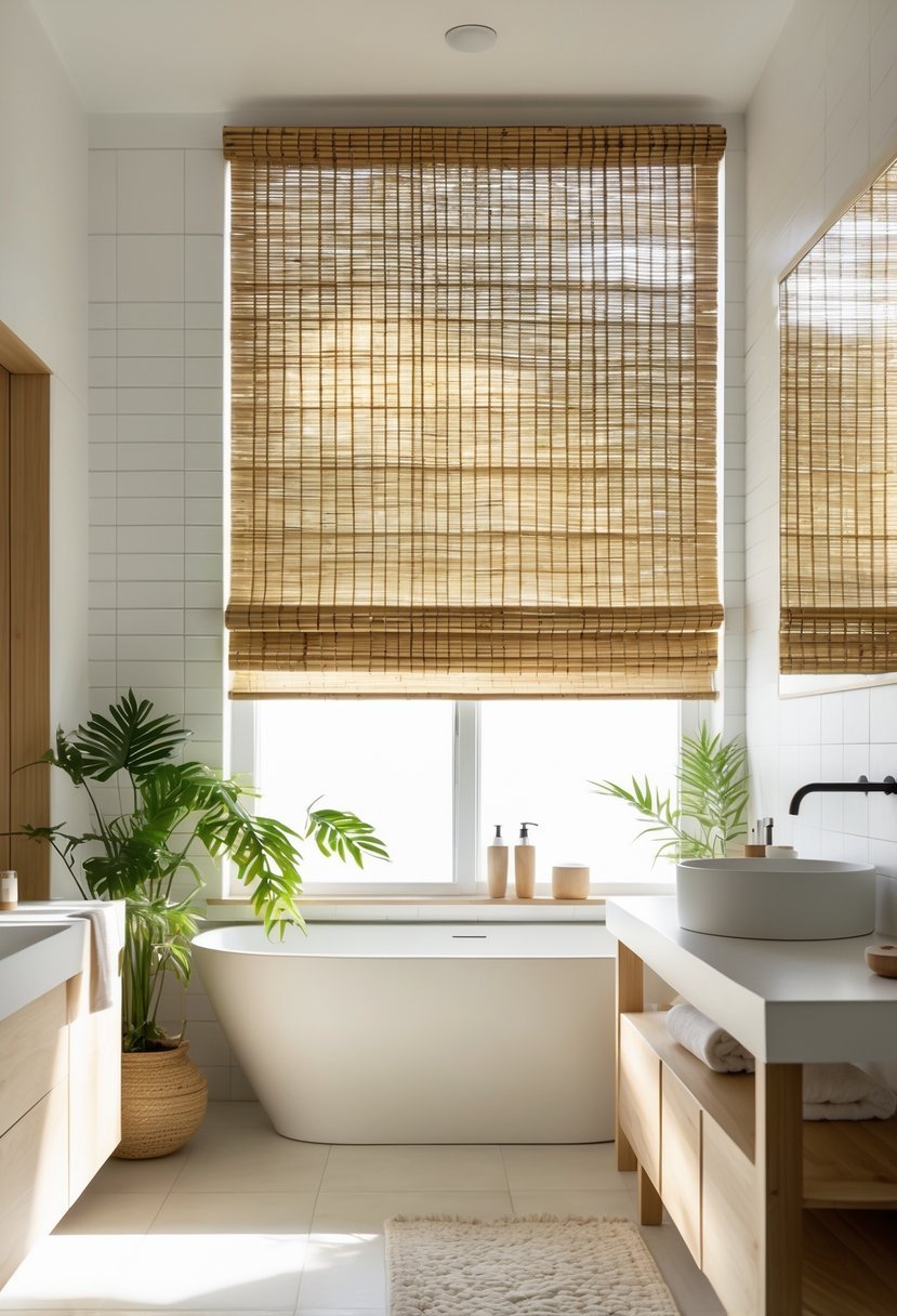 A bright bathroom with bamboo blinds on the window, natural light, plants, and wooden accents.