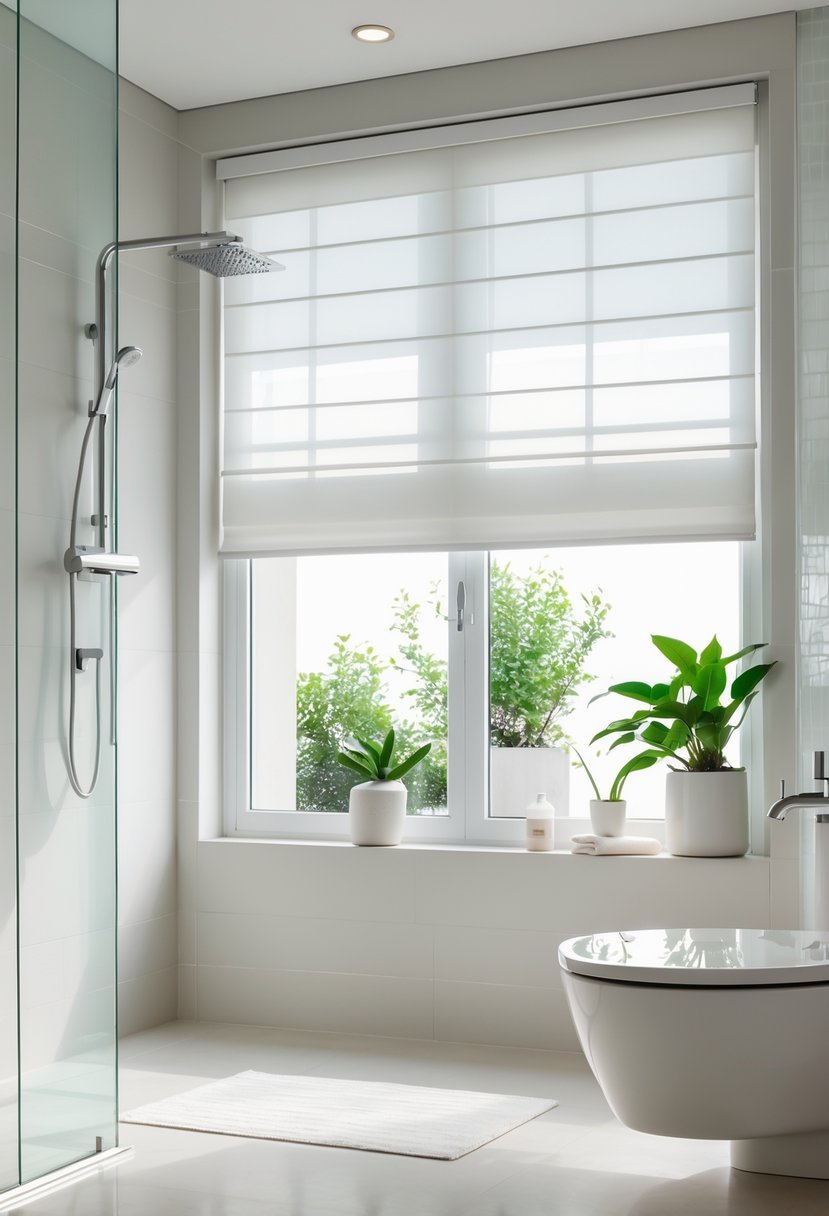 A modern bathroom with white moisture-resistant blinds partially open on a large window, letting in natural light.