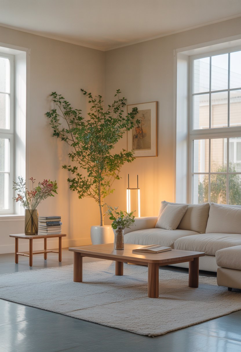 A spacious living room with a beige sofa, a coffee table, a tall plant in the corner, a floor lamp, and a side table with books and flowers.