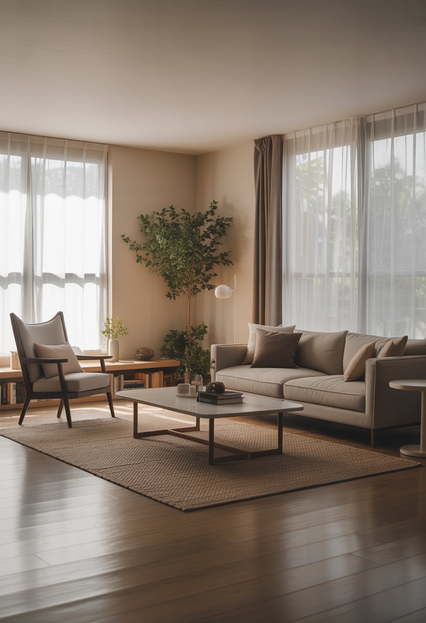 A spacious living room with a sofa, armchair, coffee table, indoor plant, and floor lamp arranged to fill the space.