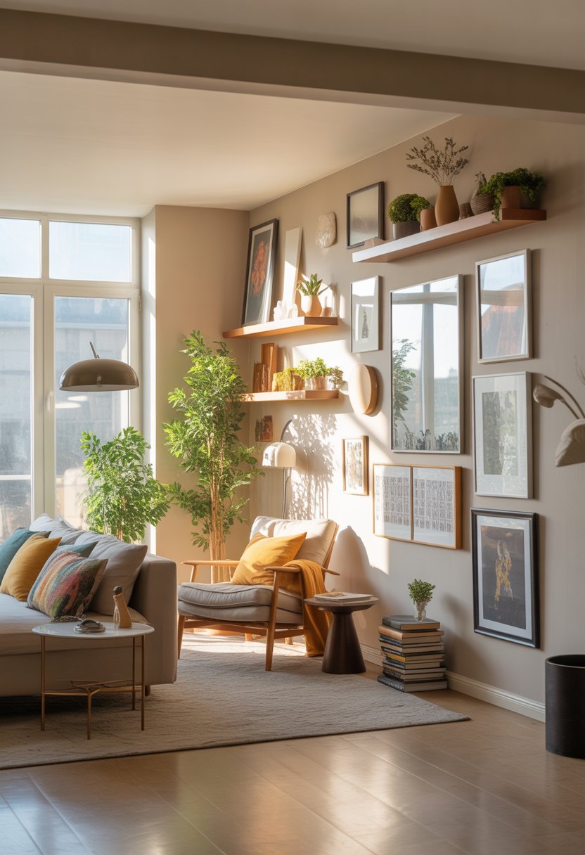 A modern living room with decorated walls and corners including framed art, shelves with plants, a floor lamp, and a cozy reading nook with an armchair and side table.