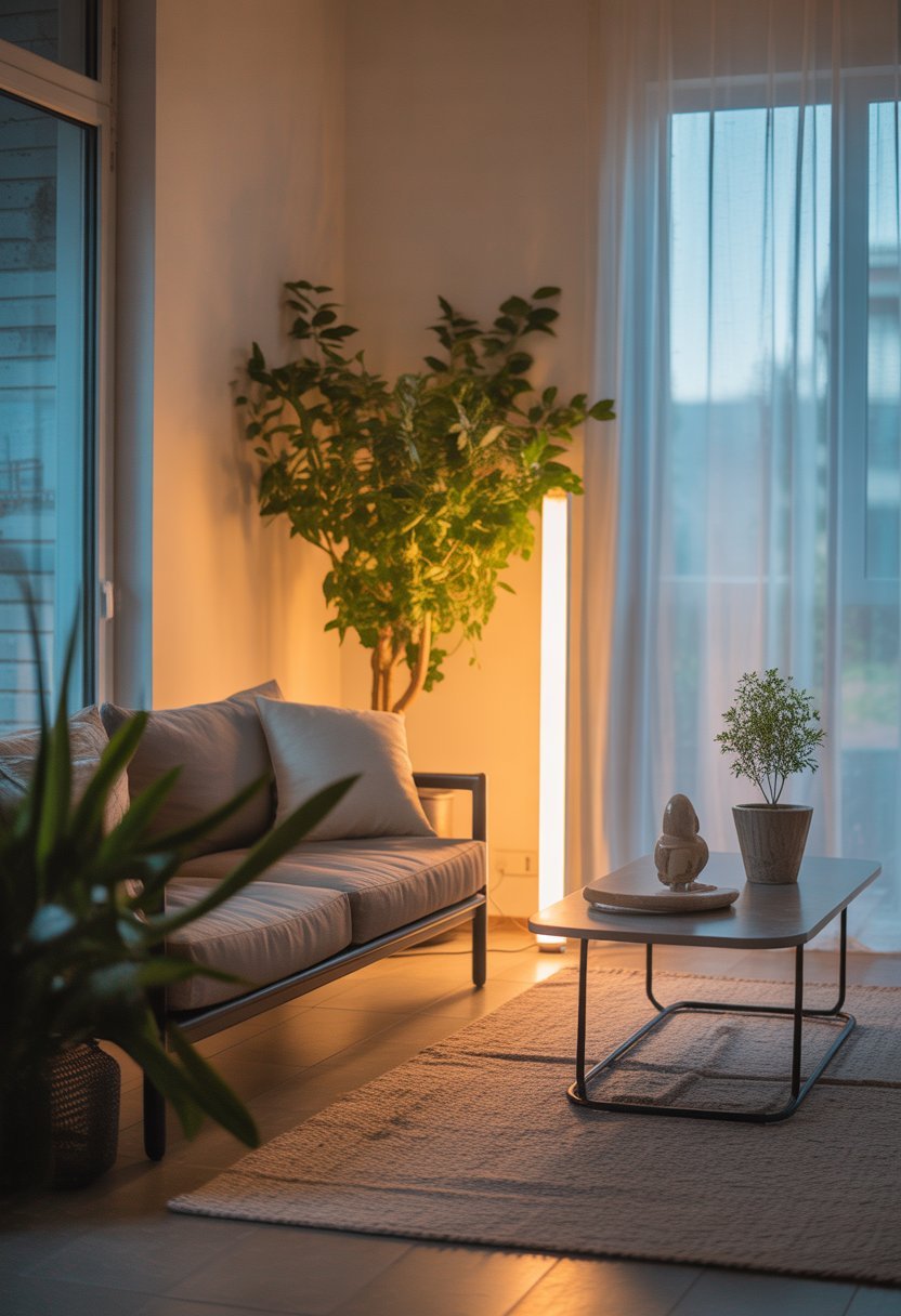 A living room with a sofa, a tall green plant in the corner, a floor lamp providing warm light, and sunlight coming through large windows.