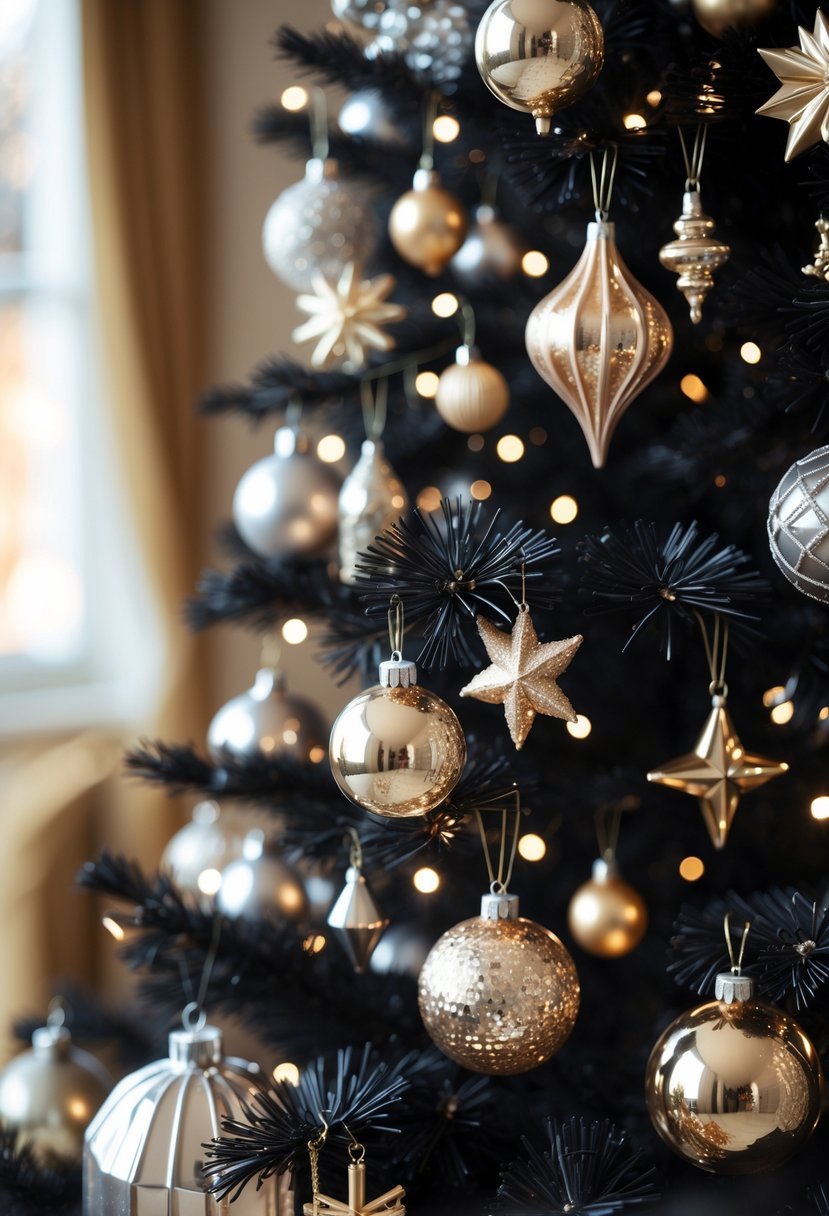 A black Christmas tree decorated with shiny metallic ornaments in silver, gold, and bronze.