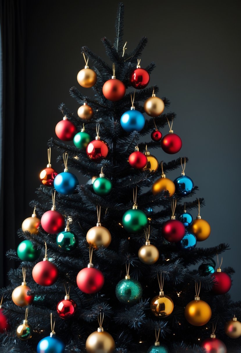 A black Christmas tree decorated with colorful baubles in a dark setting.