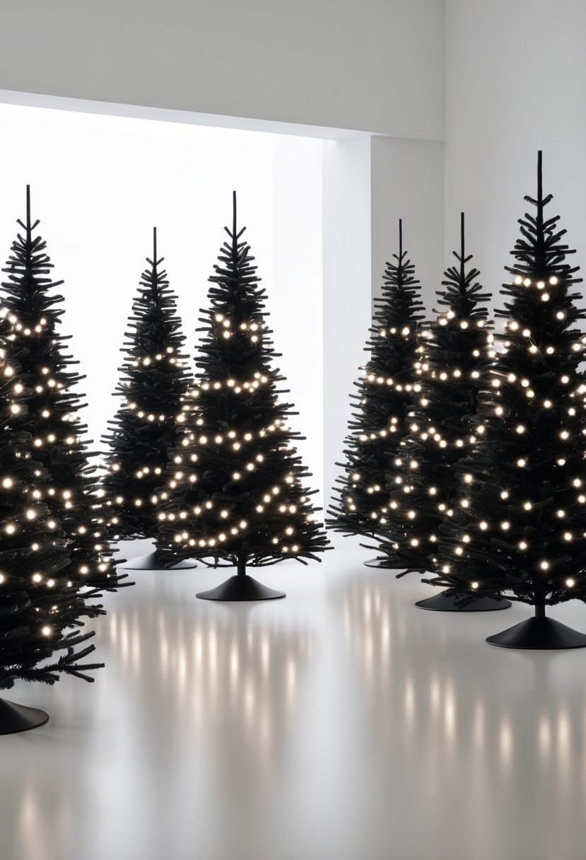 Ten black Christmas trees decorated with white lights arranged in a bright, clean setting.