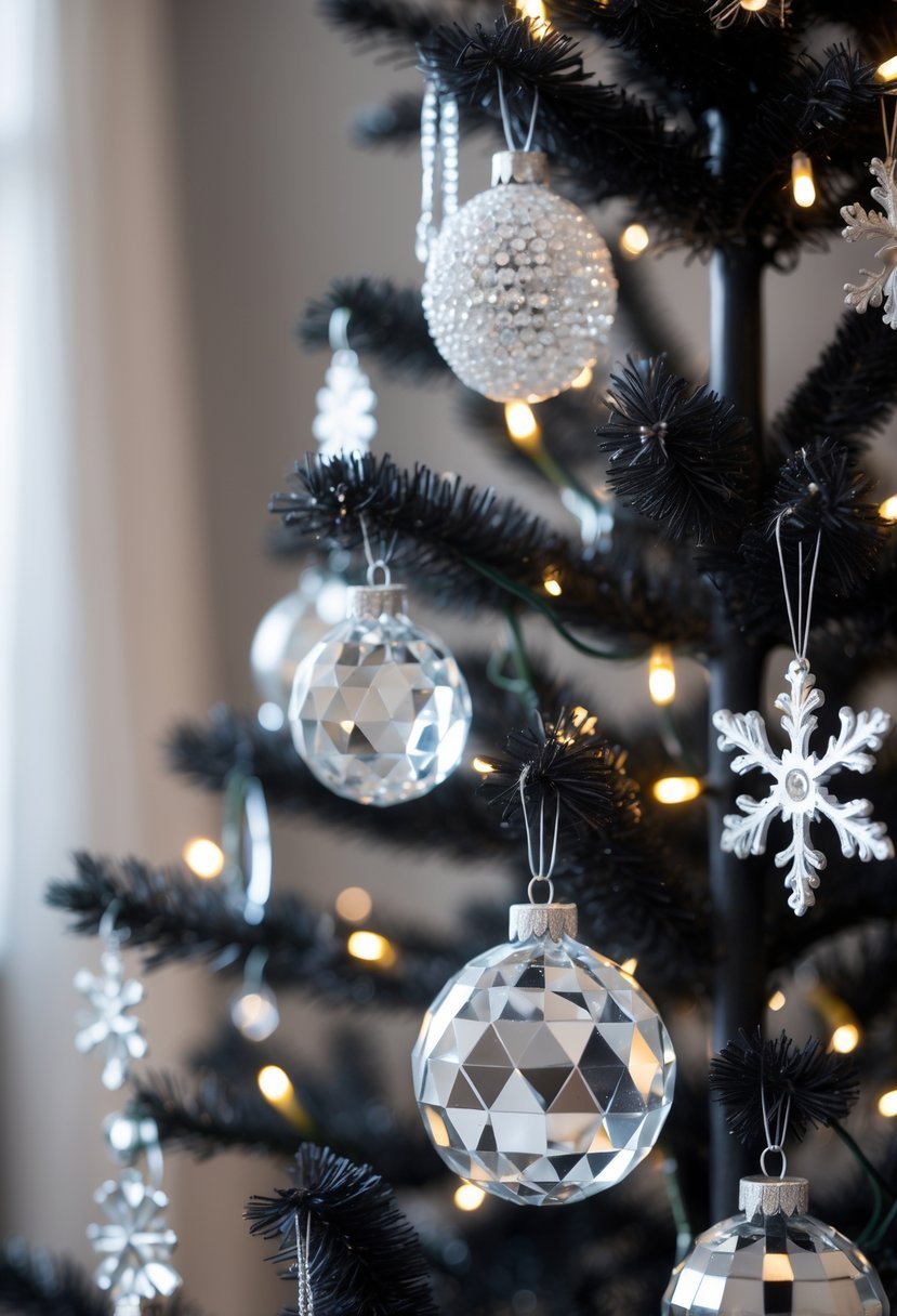 A black Christmas tree decorated with crystal and mirrored ornaments and white lights creating a sparkling effect.
