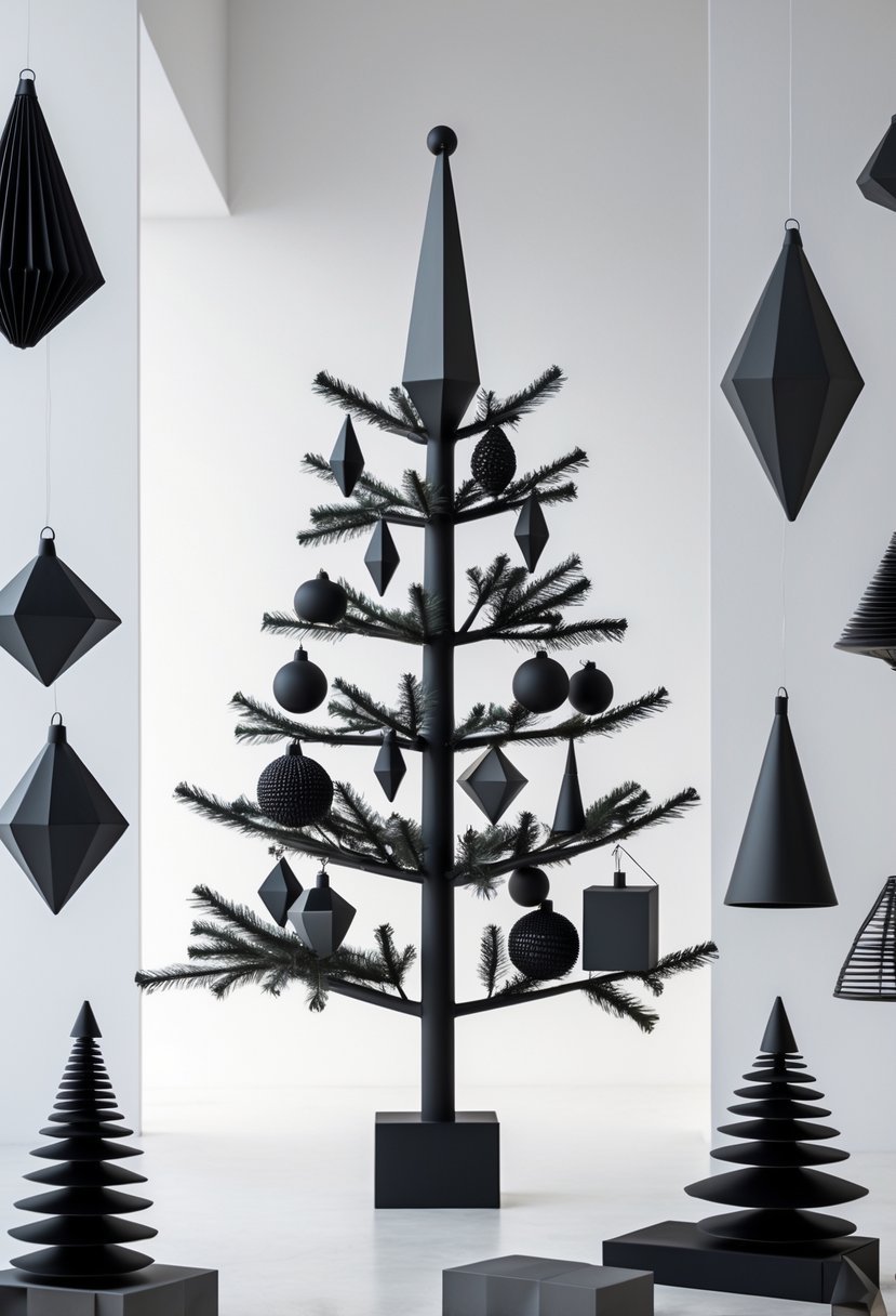 A black Christmas tree decorated with diamond and cube shaped ornaments in a clean, softly lit space.