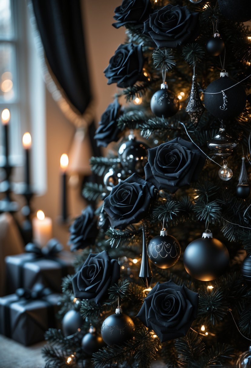 A decorated black Christmas tree with black roses and dark ornaments in a cozy indoor setting with wrapped presents nearby.