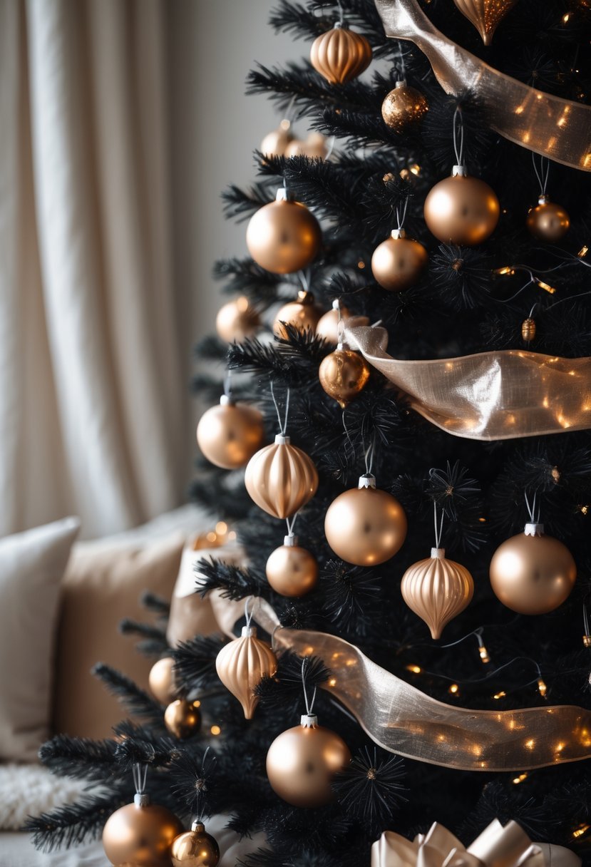 A black Christmas tree decorated with warm bronze ornaments and soft white lights in a cozy indoor setting.
