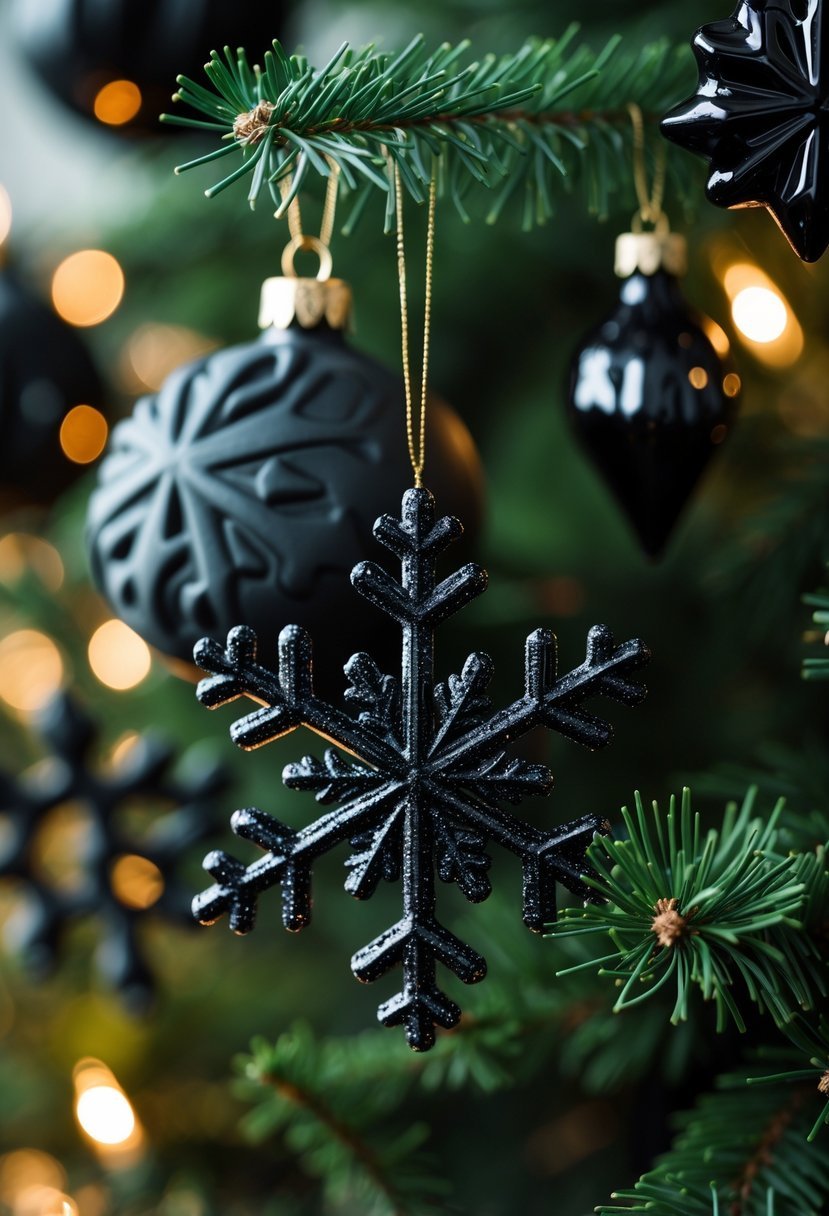 Close-up of black snowflake ornaments hanging on a green Christmas tree.