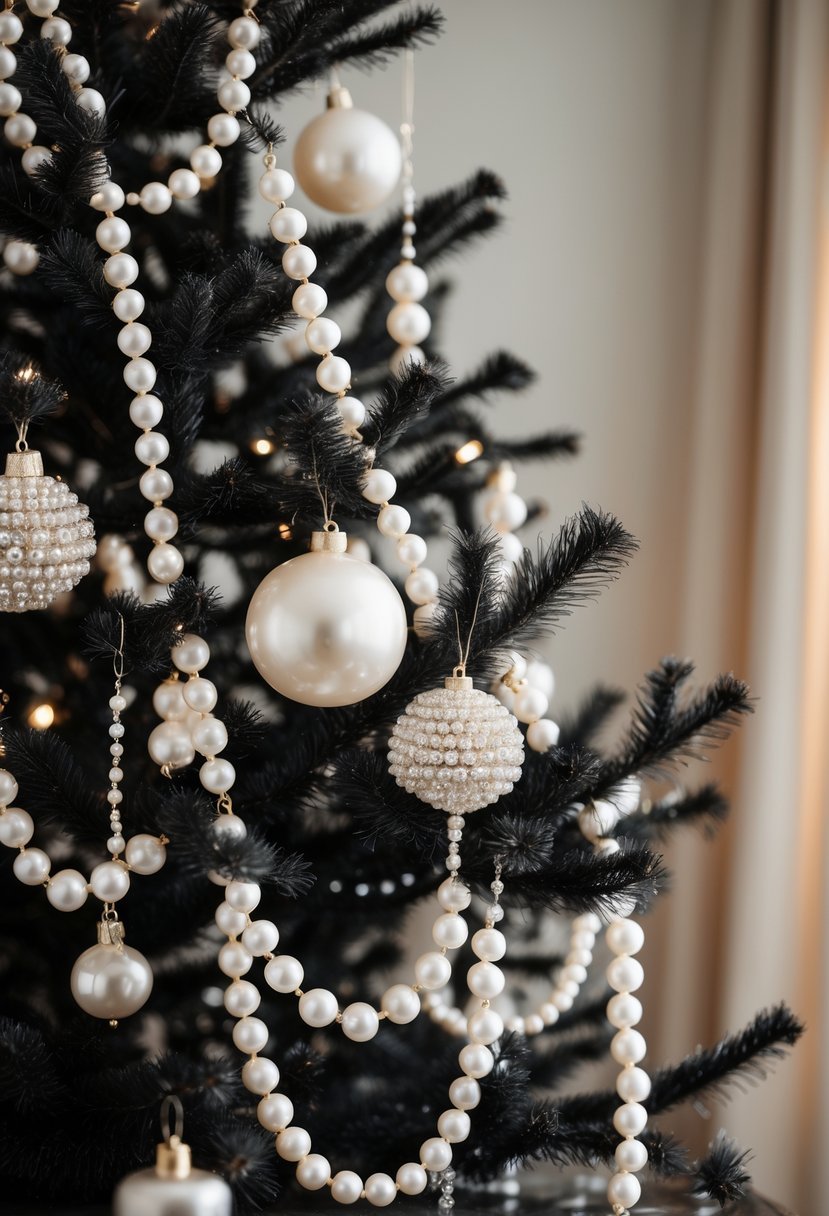 A black Christmas tree decorated with white pearls and beads against a neutral background.