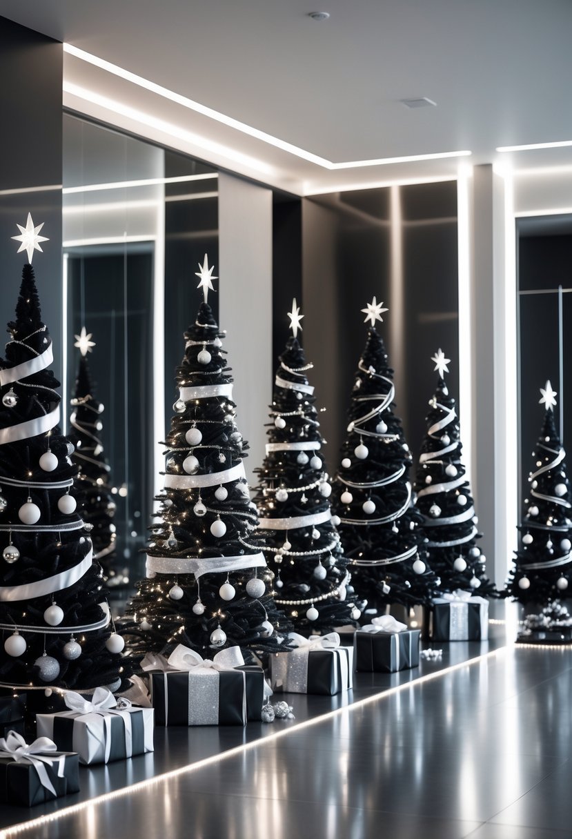 Ten black Christmas trees decorated with silver ornaments and lights in a modern room.